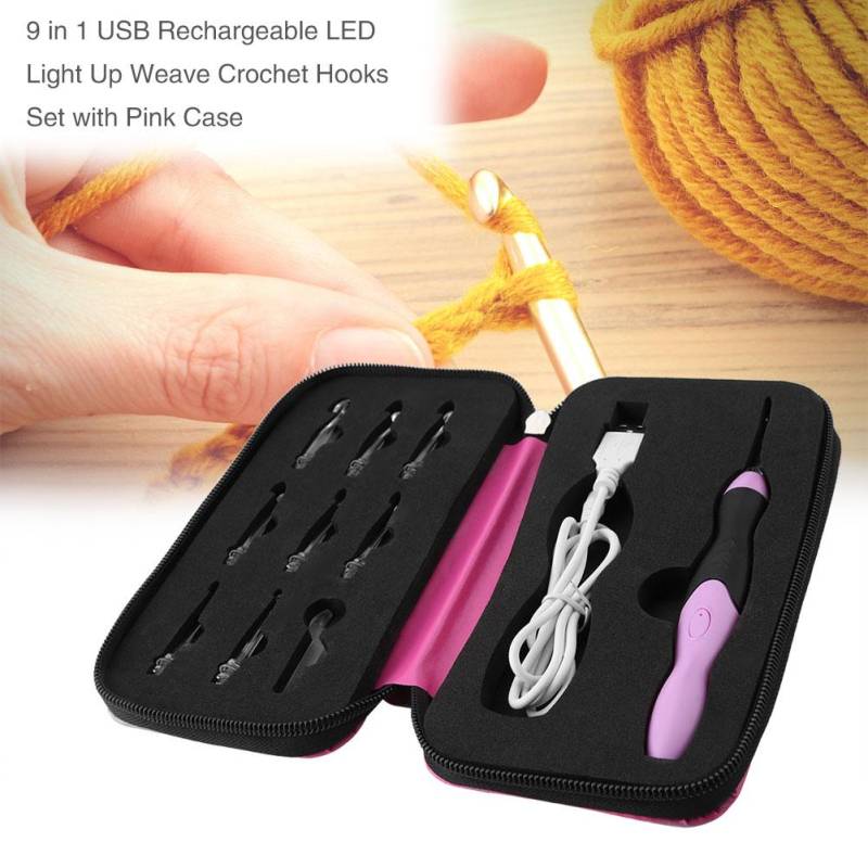 9 in 1 USB Wiederaufladbares LED Leuchtendes Weben Häkelnadeln Set mit Rosa Etui von Joom DACH