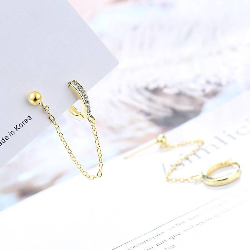 925 Sterling Silber 1PC Doppel Ohr Loch Cubic Zirkon Creolen Link Kette Ohrring Schmuck Für Frauen S-E1009 von Joom DACH