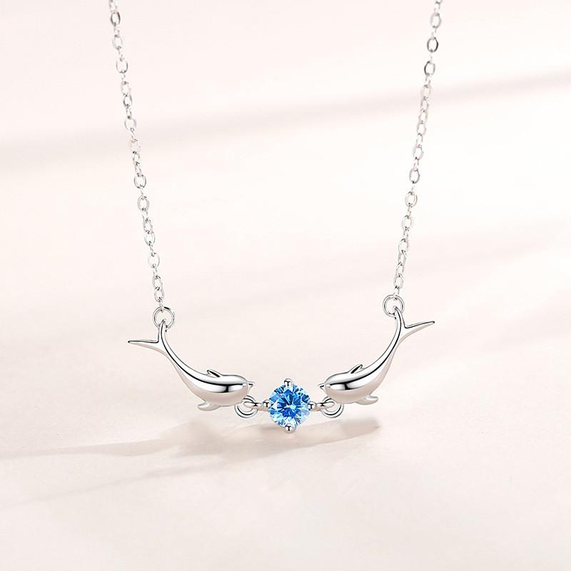 925 Sterling Silber Blau Zirkon Delphin Charme Halsketten Anhänger Choker Statement Schmuck für Frauen Colar Hochzeit Party Geschenk silber von Joom DACH