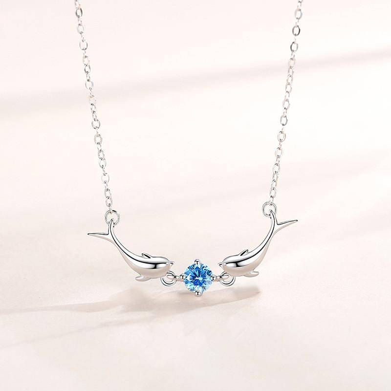 925 Sterling Silber Blau Zirkon Delphin Charme Halsketten Anhänger Choker Statement Schmuck für Frauen Colar Hochzeit Party Geschenk silber von Joom DACH