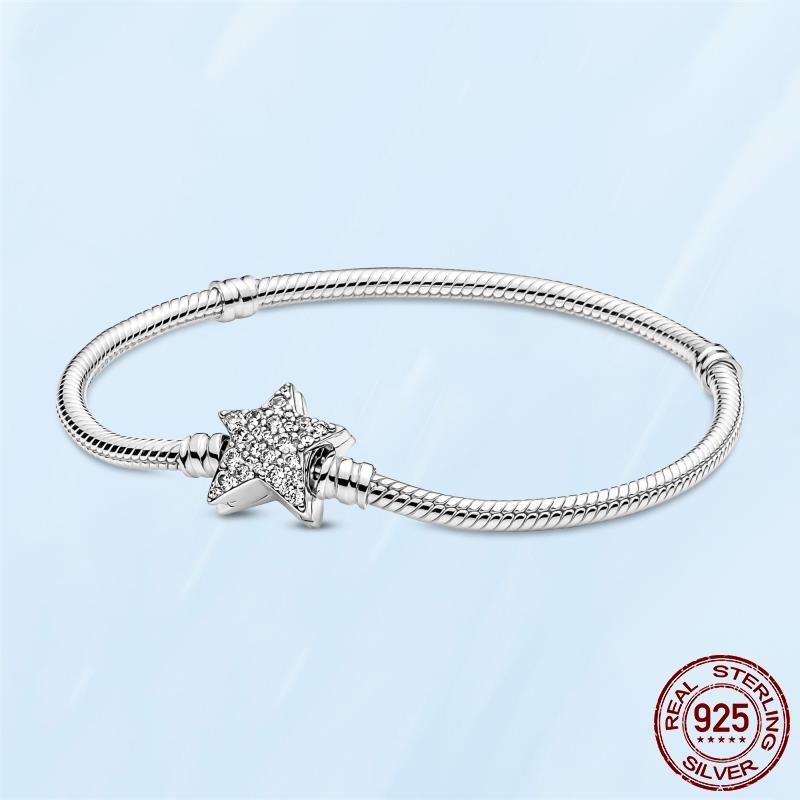 925 Sterling Silber Cubic Zirkon Stern Kette Link Schlange Knochen Kette Armband für Frauen Fit Original Fashion Charms Perle DIY Herstellung 20cm von Joom DACH