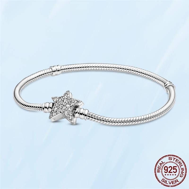 925 Sterling Silber Cubic Zirkon Stern Kette Link Schlange Knochen Kette Armband für Frauen Fit Original Fashion Charms Perle DIY Herstellung 20cm von Joom DACH