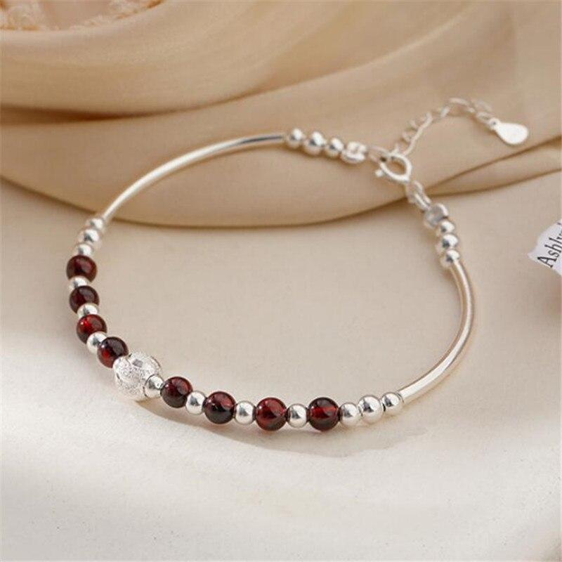 925 Sterling Silber Granat Runde Perle Charme Armbänder für Frauen Valentinstag Geschenk Hochzeit Schmuck Pulseira rot von Joom DACH