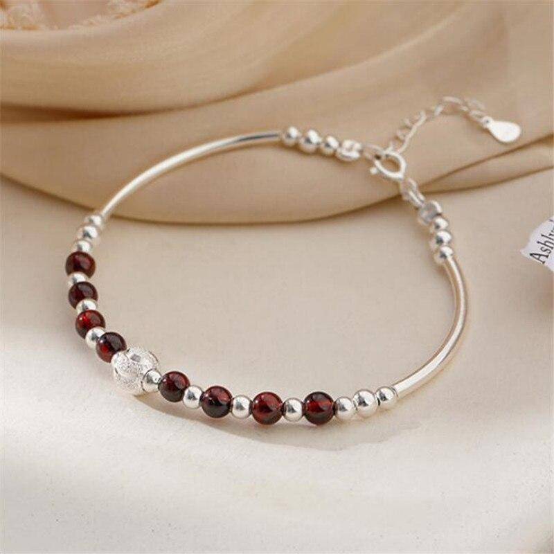 925 Sterling Silber Granat Runde Perle Charme Armbänder für Frauen Valentinstag Geschenk Hochzeit Schmuck Pulseira rot von Joom DACH