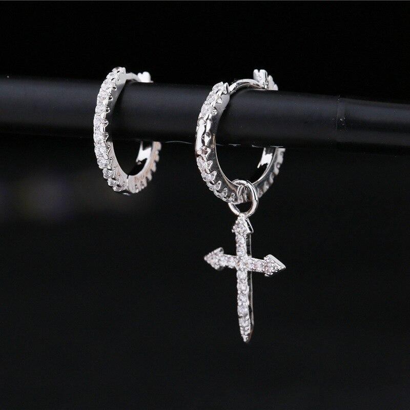925 Sterling Silber Mosaik Kubikzircon Kreuz Anhänger Ohrringe für Frauen Asymmetrische Creolen S-E1093 von Joom DACH