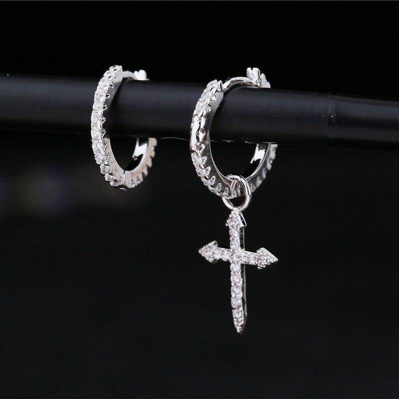 925 Sterling Silber Mosaik Kubikzircon Kreuz Anhänger Ohrringe für Frauen Asymmetrische Creolen S-E1093 von Joom DACH