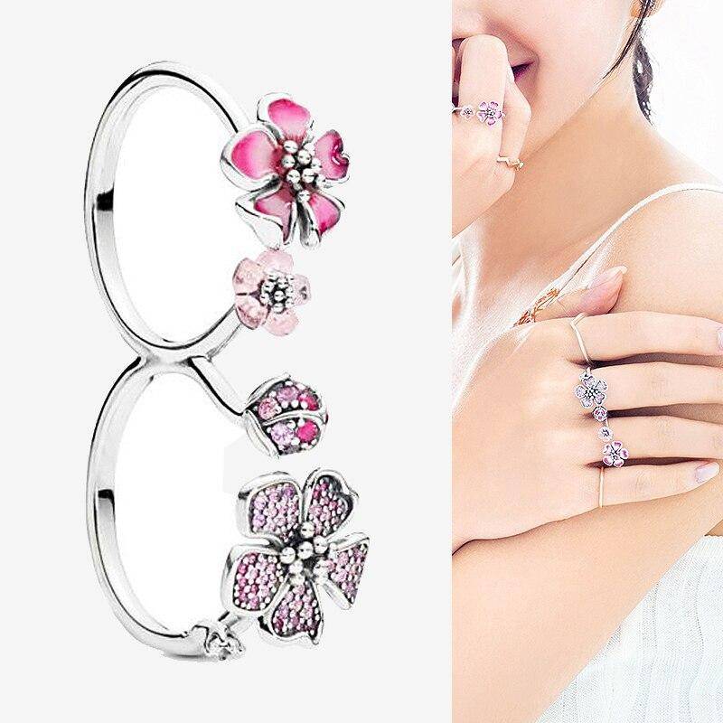 925 Sterling Silber Pan Modische Farbe Emaille Doppel Ring Pfirsich Blüte Ring Für Frauen Hochzeit Party Mode Schmuck 9 von Joom DACH