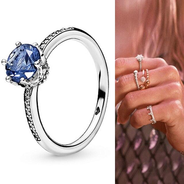 925 Sterling Silber Pan Ring Blaue funkelnde Krone mit großem Kristall Cz Ring für Frauen Hochzeit Party Geschenk Modeschmuck 8 von Joom DACH