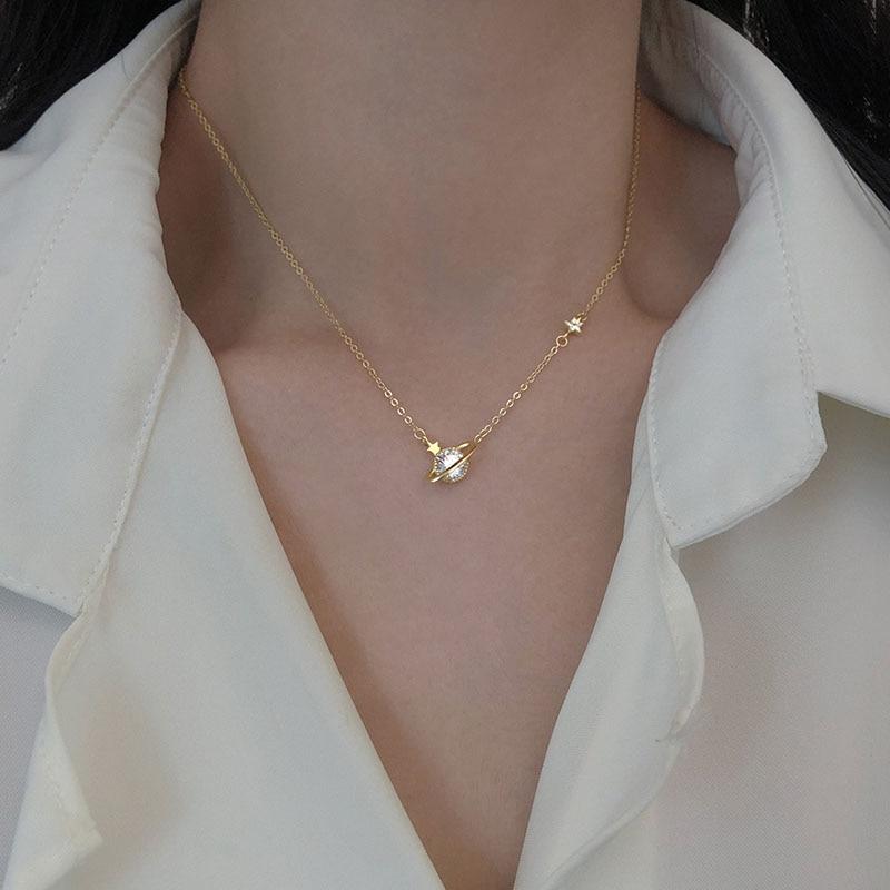 925 Sterling Silber Planeten-förmige Halskette für Frauen Exquisite Zirkon Schlüsselbein Kette Halskette Schmuck S-N710 von Joom DACH