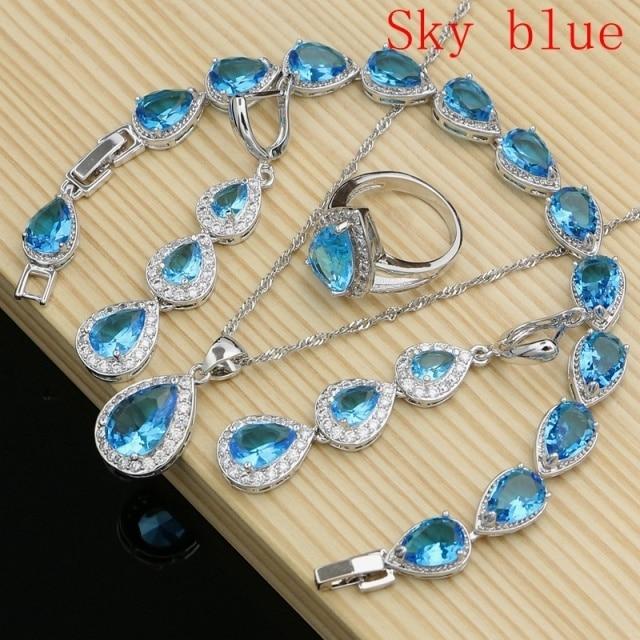 925 Sterling Silber Schmuck Weiß Cz Blau Zirkon Schmuck Sets Für Frauen Ohrringe/Anhänger/Halskette/Ringe/Armband 10 himmelblaue von Joom DACH