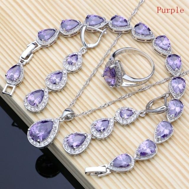 925 Sterling Silber Schmuck Weiß Cz Blau Zirkon Schmuck Sets Für Frauen Ohrringe/Anhänger/Halskette/Ringe/Armband 10 violett von Joom DACH