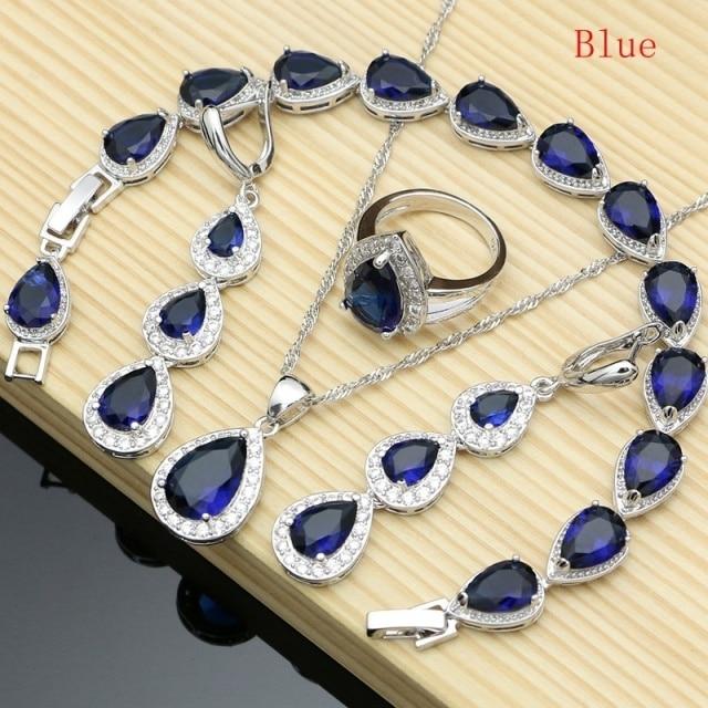 925 Sterling Silber Schmuck Weiß Cz Blau Zirkon Schmuck Sets Für Frauen Ohrringe/Anhänger/Halskette/Ringe/Armband 8 blau von Joom DACH