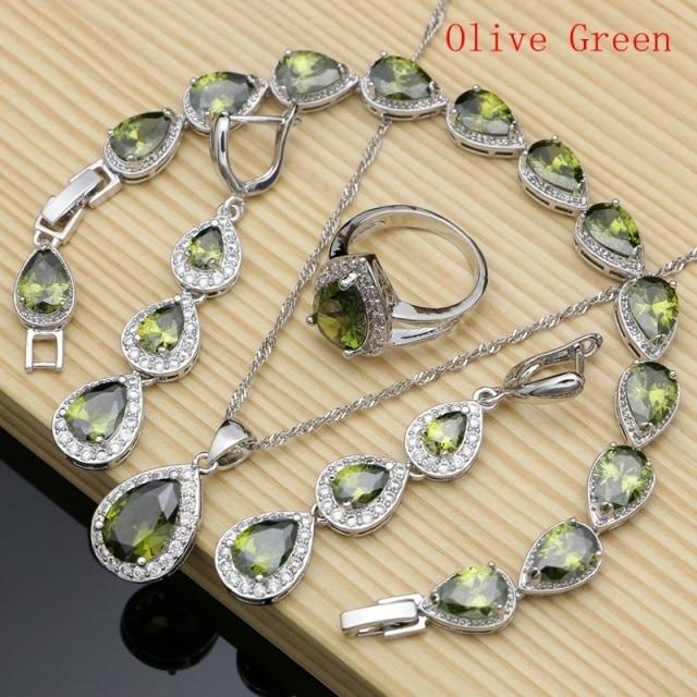 925 Sterling Silber Schmuck Weiß Cz Blau Zirkon Schmuck Sets Für Frauen Ohrringe/Anhänger/Halskette/Ringe/Armband 9 olivgrüne von Joom DACH