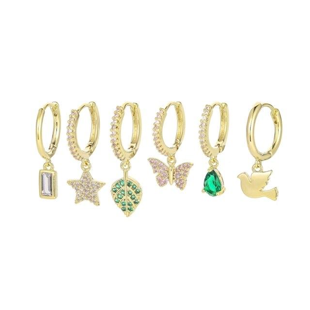 925 Sterlingsilber 6-teiliges Ohrring-Set Damen Blätter Stern Schmetterling Wassertropfen Creolen Zarter Schmuck goldgelb von Joom DACH