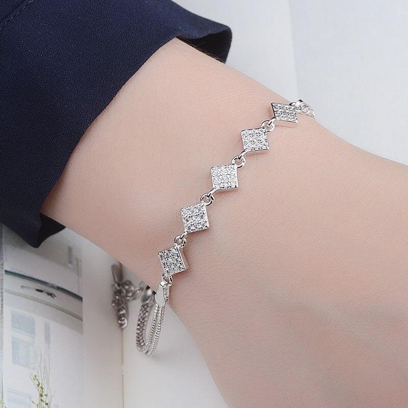 925 Sterlingsilber Doppellagiges Kristall Quadratische Perle Charm Armband & Armreif Für Frauen Verstellbare Boxkette Hochzeitsschmuck sl074 von Joom DACH