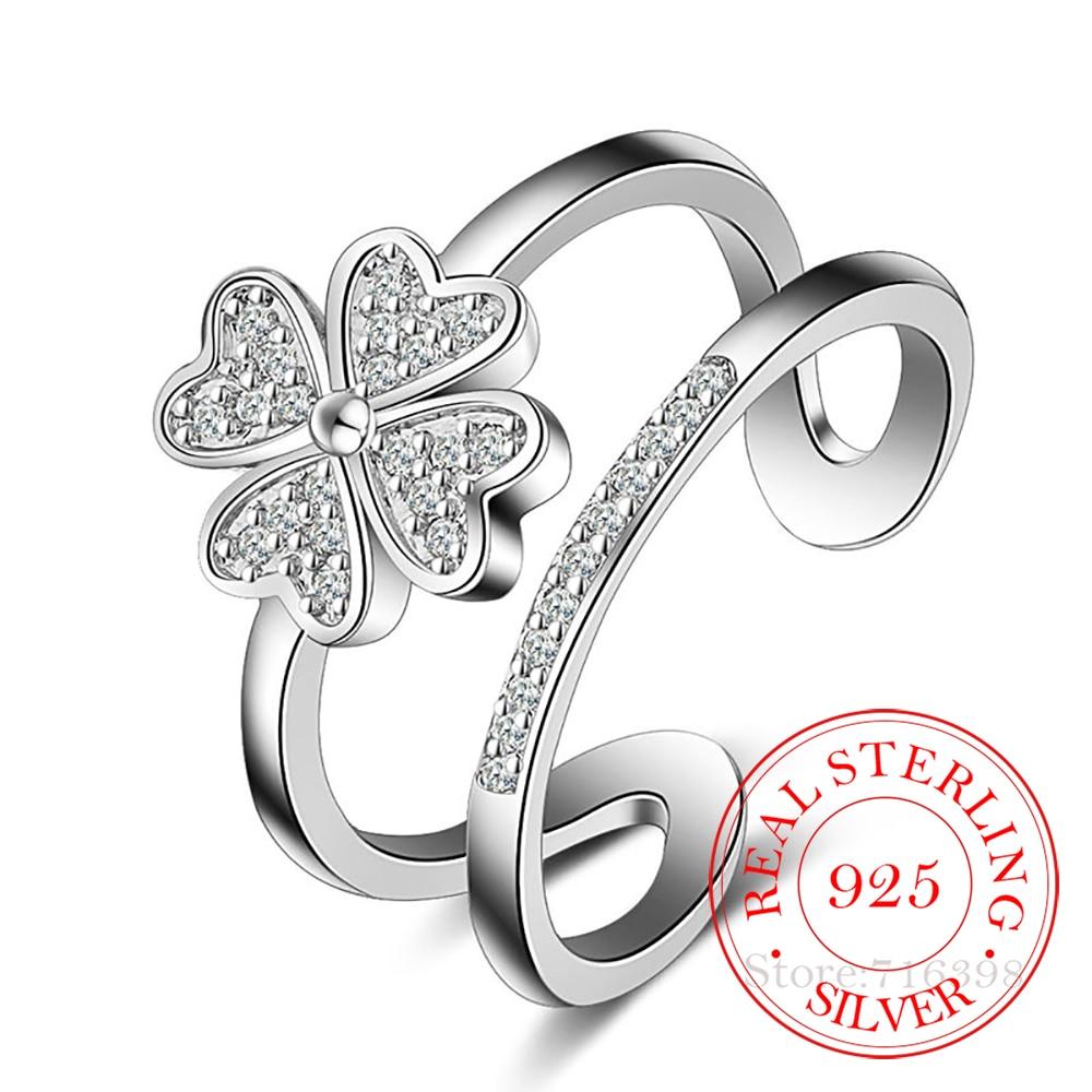 925 Sterlingsilber Ringe für Damen Mosaik CZ Zirkonia Glücksklee Mehrschichtige Größenverstellbare Ringe Bague Hochzeitsgeschenk Resizable von Joom DACH