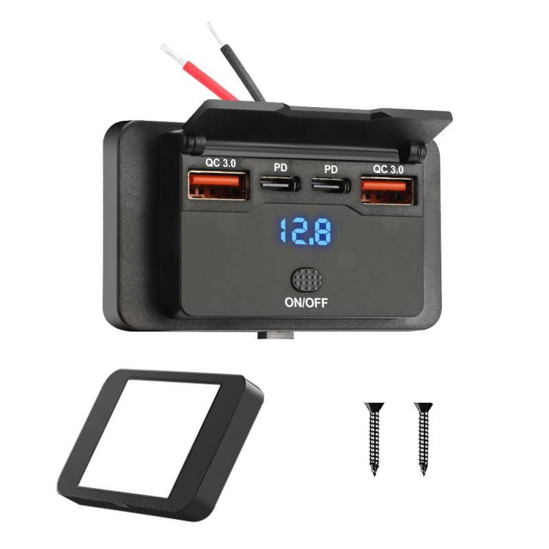 96 W 4 Anschlüsse 12/24 V USB C Steckdosenleiste Dual PD Wandhalterung Autoladegerät Buchse mit Knopf Wasserdichte Steckdose Zubehör für Auto LKW Boot Bus Wohnmobile 2 QC 3.0 & 2 PD von Joom DACH
