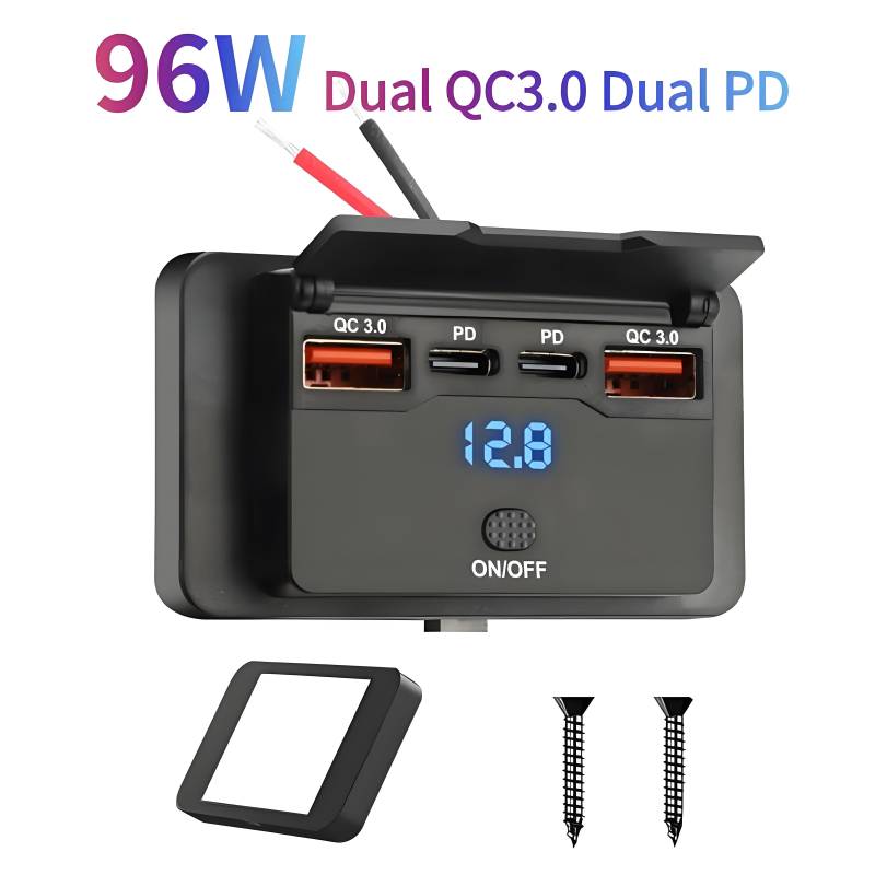 96 W 4 Anschlüsse 12/24 V USB C Steckdosenleiste Dual PD Wandhalterung Autoladegerät Buchse mit Knopf Wasserdichte Steckdose Zubehör für Auto LKW Boot Bus Wohnmobile von Joom DACH