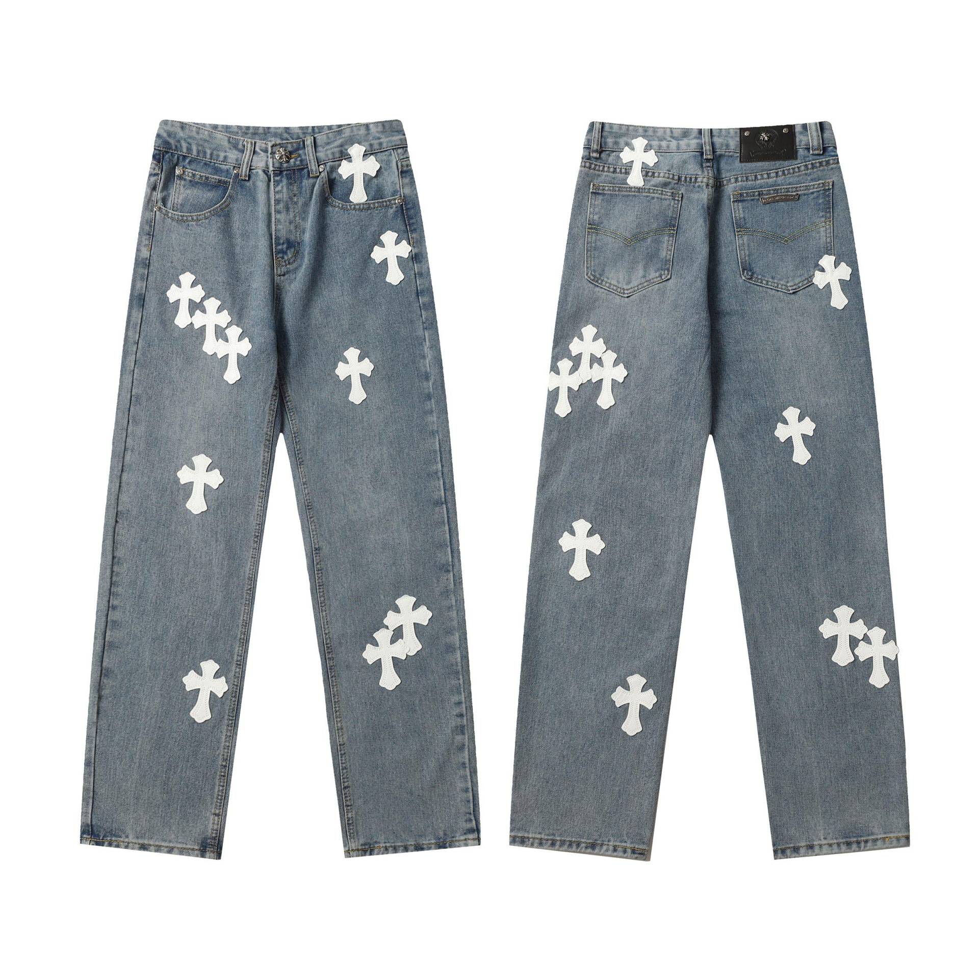 9912 CHROME HEARTS Herren- und Damen-Jeans im trendigen amerikanischen Stil mit Stoffaufnähern, Löchern, Stickereien, lässige und modische High-Street-Hose 30 von Joom DACH