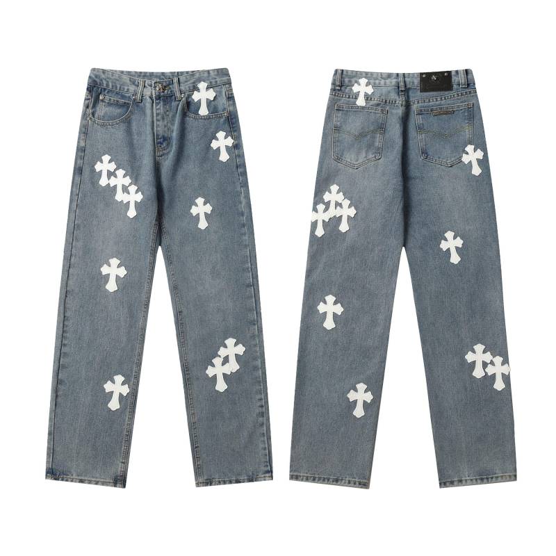 9912 CHROME HEARTS Herren- und Damen-Jeans im trendigen amerikanischen Stil mit Stoffaufnähern, Löchern, Stickereien, lässige und modische High-Street-Hose 30 von Joom DACH