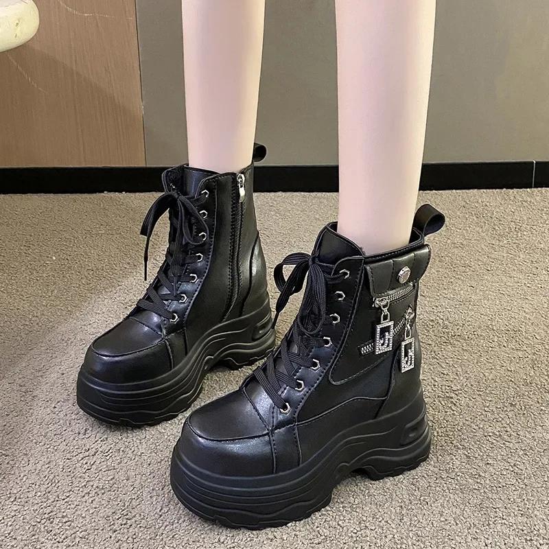 9CM Damen High Platform Motorradstiefel Winterabsätze Warme Pelz-Stiefeletten Weibliche Chunky Sneaker Herbst Lederstiefel Frau 39 schwarz von Joom DACH
