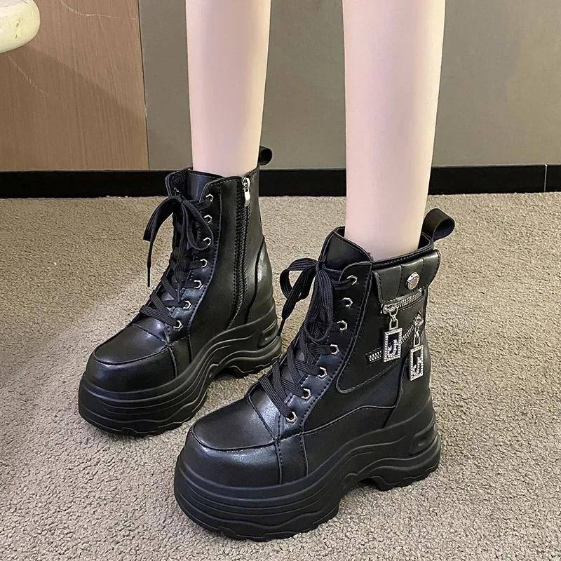 9CM Damen High Platform Motorradstiefel Winterabsätze Warme Pelz-Stiefeletten Weibliche Chunky Sneaker Herbst Lederstiefel Frau 39 schwarz von Joom DACH