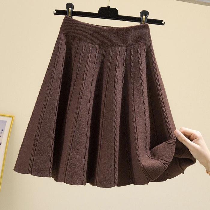 A-Linien Minirock mit hohem Bund im koreanischen Stil für Damen - Schlankmachend, Übergröße, Hüftbedeckend, Drapierungseffekt, Großer Schwung Gestrickter Umbrella-Rock One Size kaffeebraun von Joom DACH
