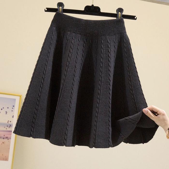 A-Linien Minirock mit hohem Bund im koreanischen Stil für Damen - Schlankmachend, Übergröße, Hüftbedeckend, Drapierungseffekt, Großer Schwung Gestrickter Umbrella-Rock One Size schwarz von Joom DACH