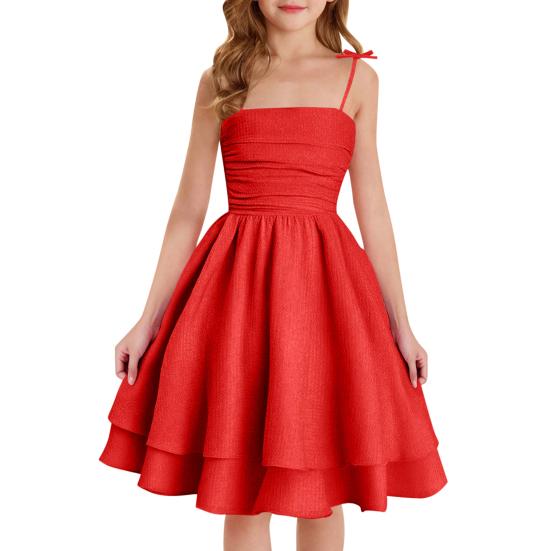 A-Linien-Sommerkleid mit Spaghettiträgern Festliches ärmelloses Mädchen-Midikleid Party-Prinzessinnenkleid für 8-14 Jahre 140cm rot von Joom DACH