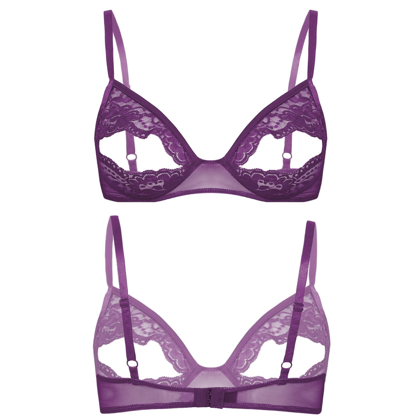 Ärmelloser, verstellbarer Spaghetti-Schulterträger für Damen, kabelloser, ungefütterter Dreiecks-BH mit floraler Spitze XL violett von Joom DACH