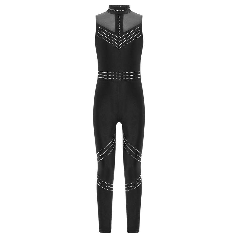 Ärmelloser Mesh-Patchwork-Overall für Mädchen, Ganzkörper-Trikot mit glänzenden Strasssteinen für Eiskunstlauf und Tanz 9-10 Years schwarz von Joom DACH