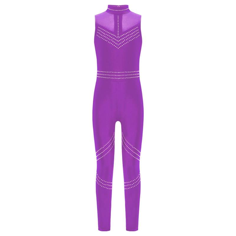 Ärmelloser Mesh-Patchwork-Overall für Mädchen, Ganzkörper-Trikot mit glänzenden Strasssteinen für Eiskunstlauf und Tanz 9-10 Years von Joom DACH