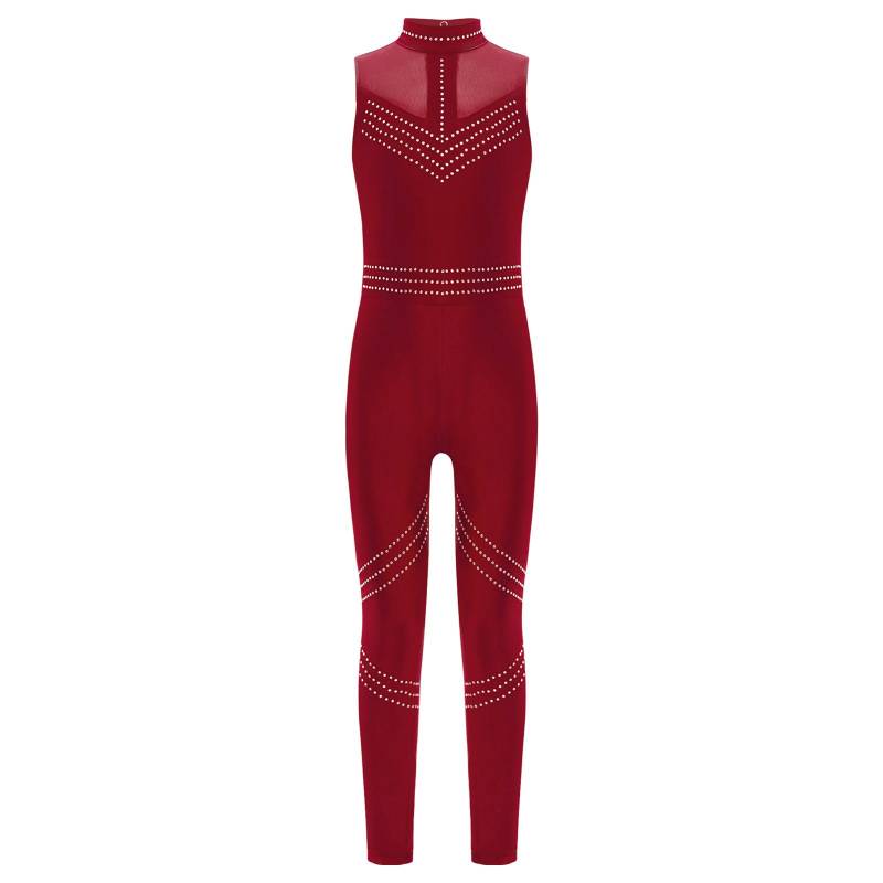 Ärmelloser Mesh-Patchwork-Overall für Mädchen, Ganzkörper-Trikot mit glänzenden Strasssteinen für Eiskunstlauf und Tanz 9-10 Years bordeaux von Joom DACH