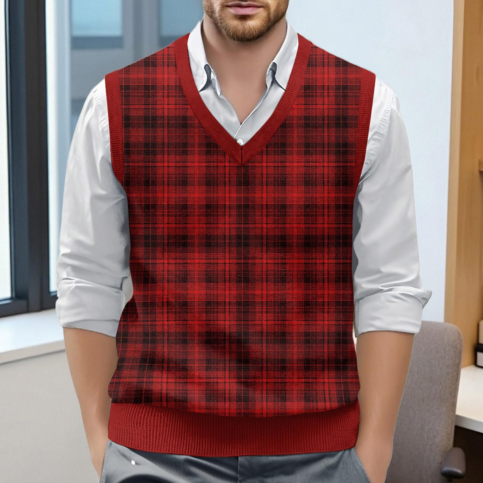 Ärmelloser Strickpullover mit Karomuster und V-Ausschnitt für Herren M weinrot von Joom DACH