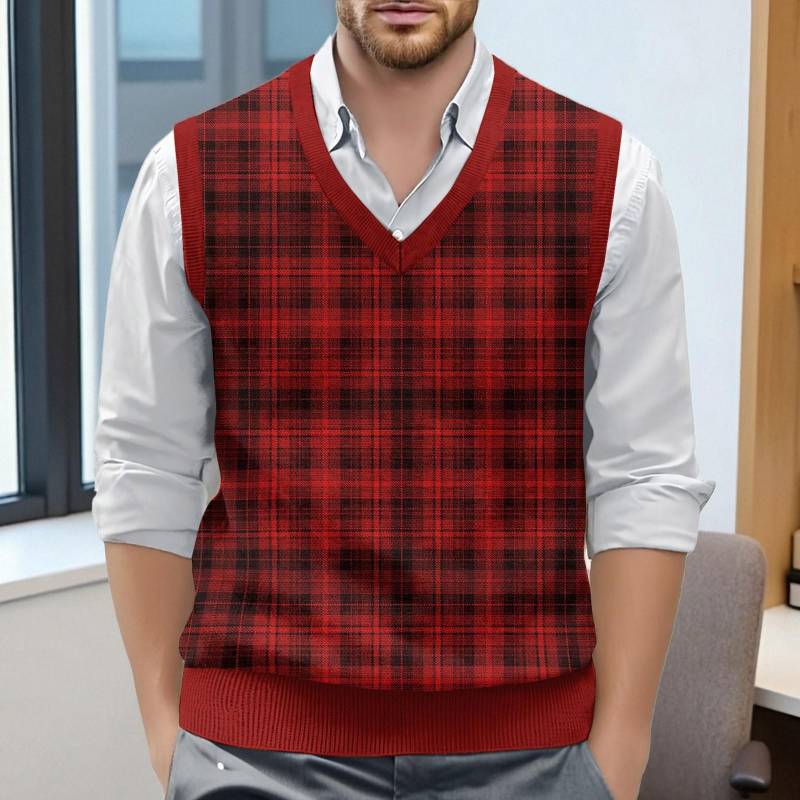 Ärmelloser Strickpullover mit Karomuster und V-Ausschnitt für Herren M weinrot von Joom DACH