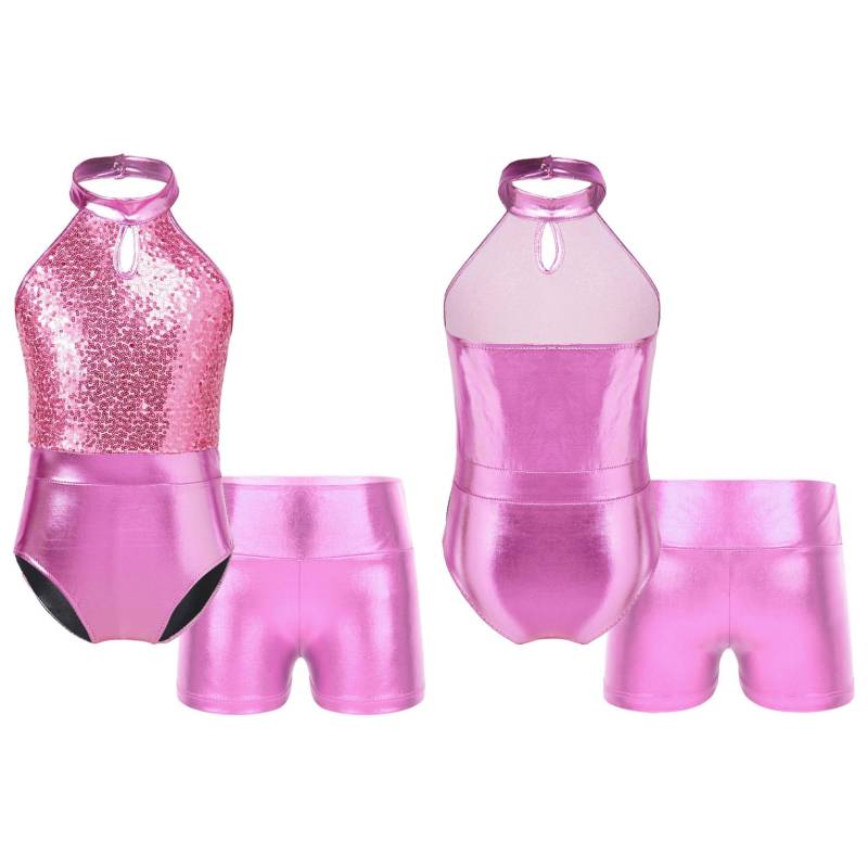 Ärmelloses, funkelndes Pailletten-Patchwork-Trikot für Kinder und Mädchen mit Shorts für Tanz- und Gymnastikwettbewerbe 9-10 Years rosa von Joom DACH