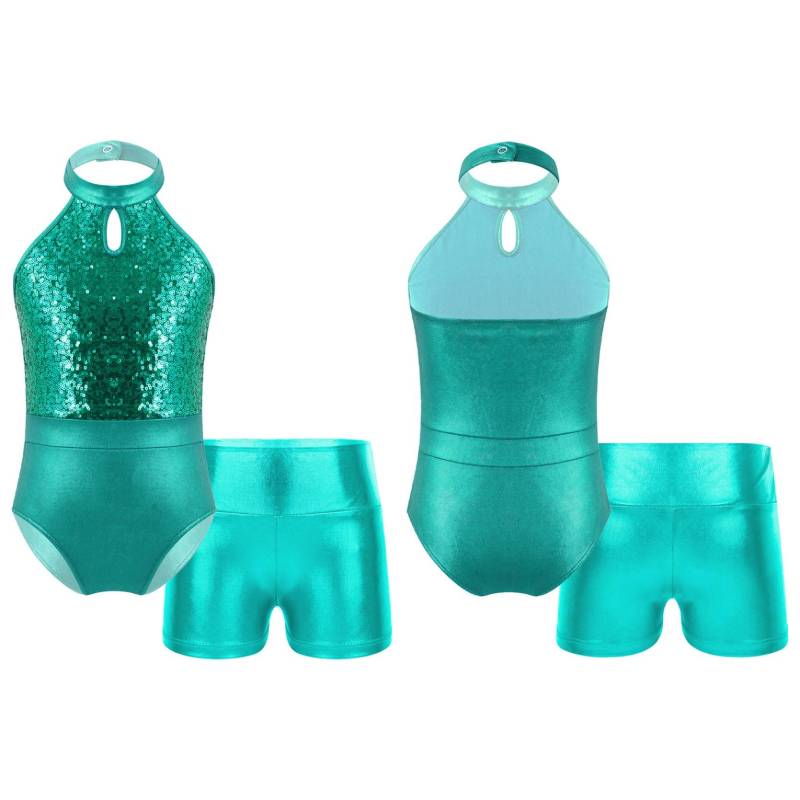 Ärmelloses, funkelndes Pailletten-Patchwork-Trikot für Kinder und Mädchen mit Shorts für Tanz- und Gymnastikwettbewerbe 9-10 Years see-grüne von Joom DACH