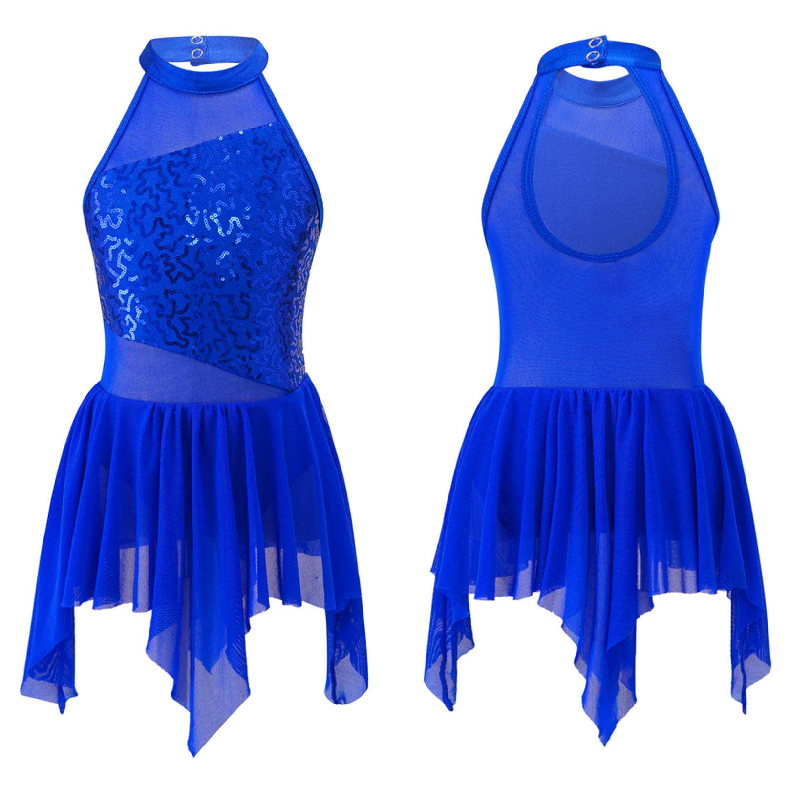 Ärmelloses, glänzendes Pailletten-Trikotkleid für Mädchen mit asymmetrischem Saum und Lyrical-Ballerina-Kleid für den modernen Tanz 9-10 Years königsblau von Joom DACH