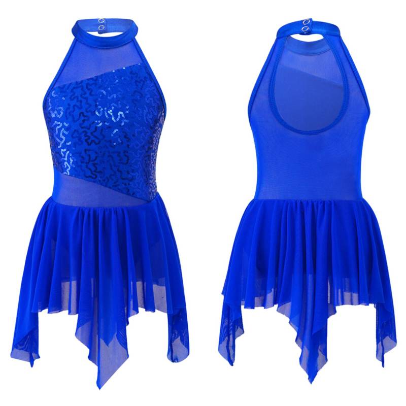 Ärmelloses, glänzendes Pailletten-Trikotkleid für Mädchen mit asymmetrischem Saum und Lyrical-Ballerina-Kleid für den modernen Tanz 9-10 Years königsblau von Joom DACH