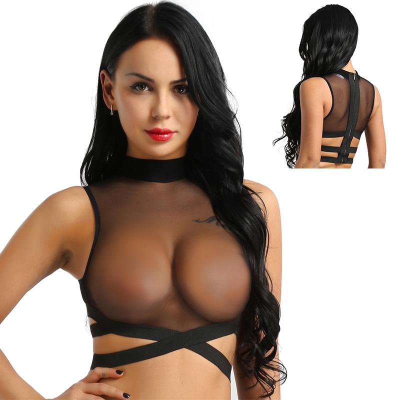 Ärmelloses Crop-Top für Damen mit Rundhalsausschnitt, durchsichtigem Mesh und Reißverschluss hinten, überkreuzt XXL schwarz von Joom DACH