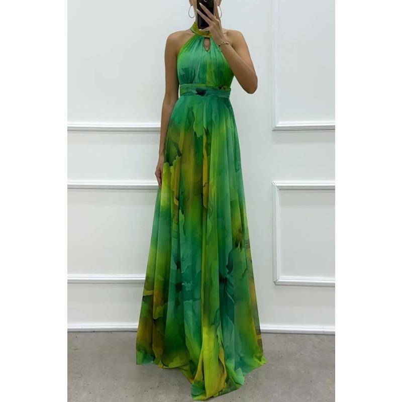 Ärmelloses Kleid aus bedruckter Spitze für Damen, großer schwingender Hals, runder Kragen, Damen XL grün von Joom DACH