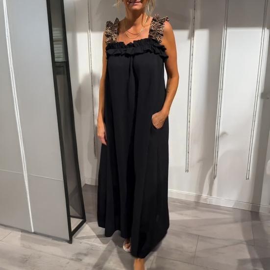Ärmelloses Maxikleid für Damen mit Rüschenträgern, quadratischem Ausschnitt, langes Kleid, lässiges Boho-A-Linien-Kleid mit Tasche, Sommer-Strandkleid XL weiß von Joom DACH