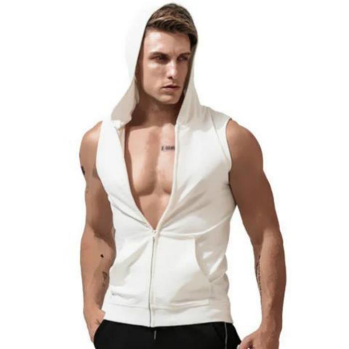 Ärmelloses T-Shirt Herren Strickjacke Kapuzenpullover Sport Fitness Weste Herren Sommer Slim Weste Lauf Trainingsanzug XXL weiß von Joom DACH