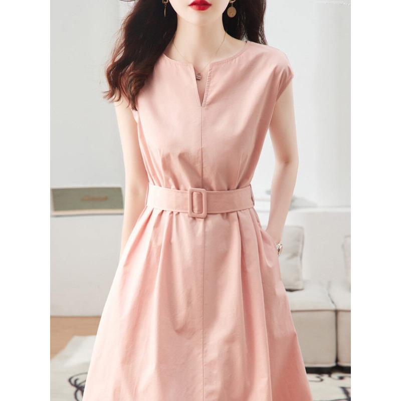 Ärmelloses V-Ausschnitt-Kleid für Damen im Frühling und Sommer Neu Schnürung in der Taille Pendeln Locker Lässig Rosa Schlanker Rock S von Joom DACH