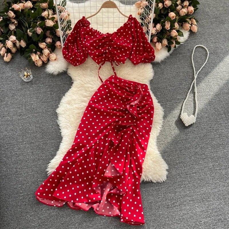 Ästhetische Dot Zwei Stück Set Sommer Frauen Sexy Rüschen Kurze Kordelzug Tops Weibliche Hohe Taille Unregelmäßigen Frühling Strand Rock Anzug S rot von Joom DACH