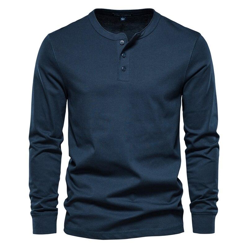 AIOPESON Henley Kragen 100% Baumwolle T Shirt Männer Casual Einfarbig Langarm Top Tees Männer Neue Herbst Hohe Qualität herren T Shirts 5XL dunkelblau von Joom DACH