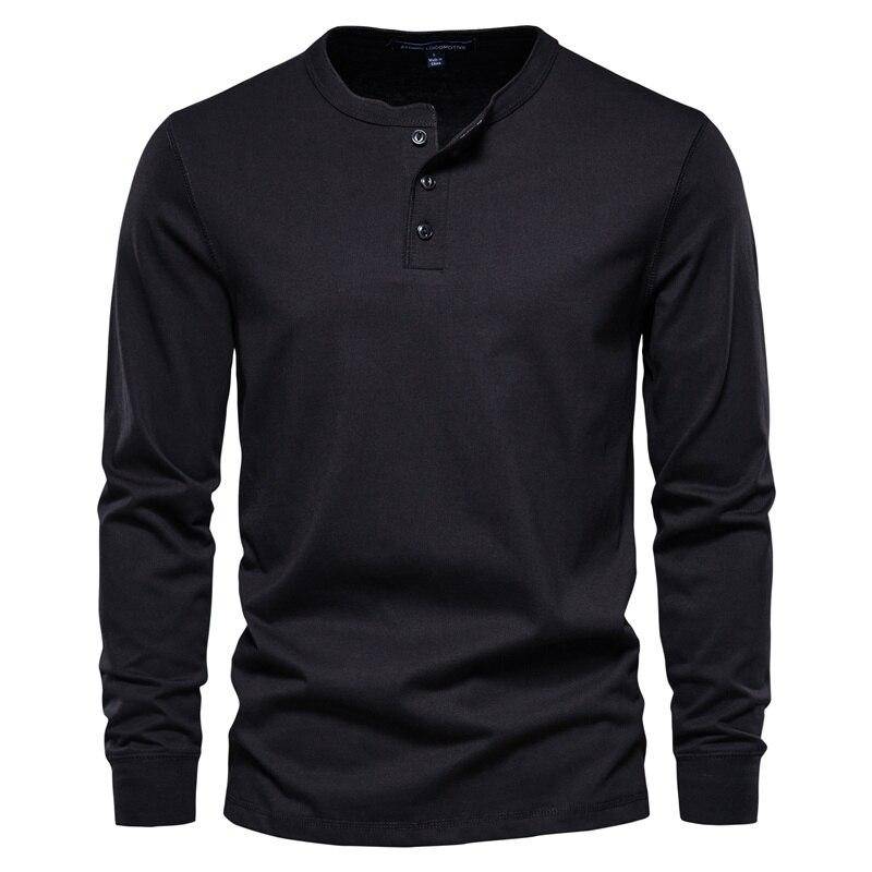 AIOPESON Henley Kragen 100% Baumwolle T Shirt Männer Casual Einfarbig Langarm Top Tees Männer Neue Herbst Hohe Qualität herren T Shirts XXL schwarz von Joom DACH