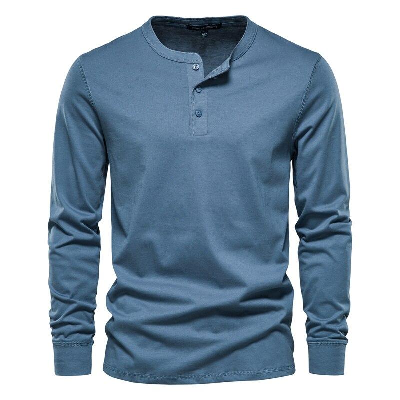 AIOPESON Henley Kragen 100% Baumwolle T Shirt Männer Casual Einfarbig Langarm Top Tees Männer Neue Herbst Hohe Qualität herren T Shirts XXL denim-blau von Joom DACH