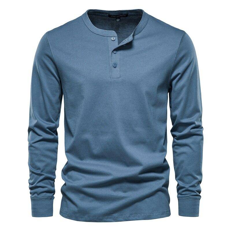 AIOPESON Henley Kragen 100% Baumwolle T Shirt Männer Casual Einfarbig Langarm Top Tees Männer Neue Herbst Hohe Qualität herren T Shirts XXL denim-blau von Joom DACH