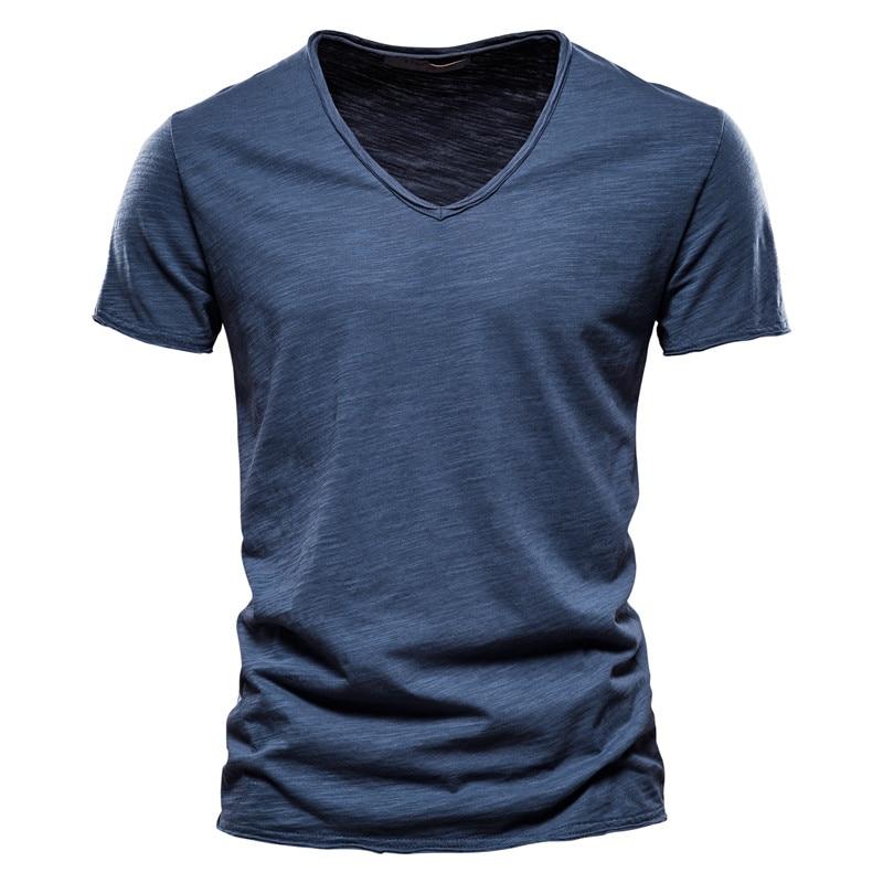 AIOPESON Sommer 100% Baumwolle Elastizität T Shirt Männer Casual Weiche Fitness Shirt Männer T Shirt Tops T Shirts V-ausschnitt kurzarm T-shirt Männer XL dunkelblau von Joom DACH